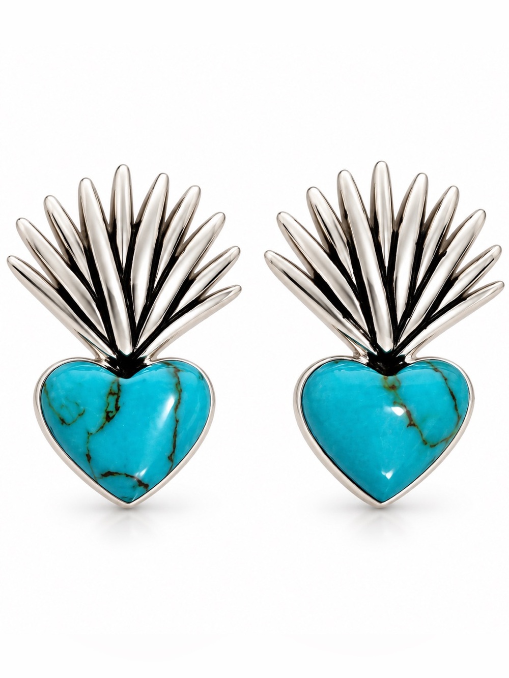 Turquoise Heart Spike Stud Earrings - Sterling Silver